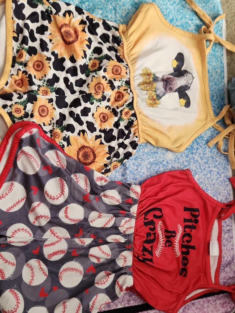 Sunflower Cow & Baseball Print Girls' Rompers Set - Yellow, Black, Red